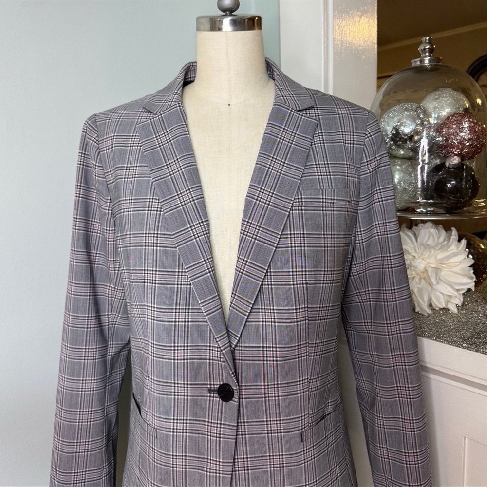 Banana Republic Long & Lean Grey & Lilac Glen Plaid Wool Blazer Jacket Size 6 - Picture 3 of 11